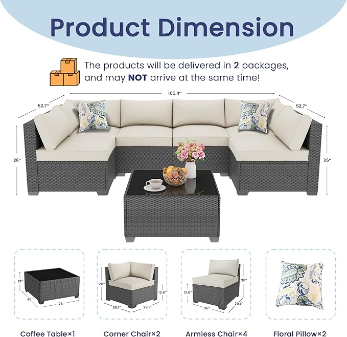 Outdoor Patio Furniture Set with 43'' Fire Pit Table, 8 Pcs Outdoor Patio Furniture Conversation Sets with 4in Thicken Cushion, Wicker Outdoor Sectional for Backyard, Garden, Balcony,Deck,Coffee/Beige
