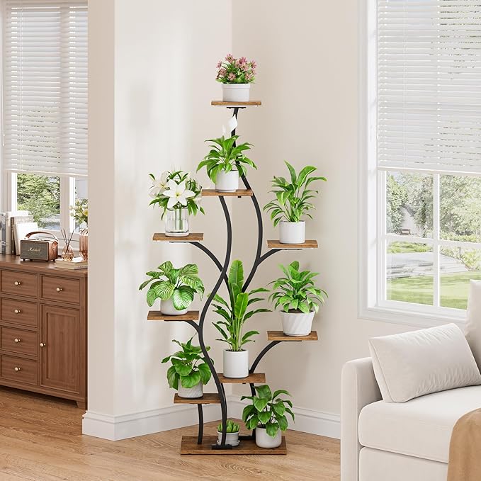 Plant Stand Indoor with Grow Lights - Lighted Plant Shelf Indoor, 64.5" Tall Corner Plant Stands for Indoor Plants, 9 Tiered Tree-Shaped Flower Shelf Metal Holder for Living Room, Bedroom, Black
