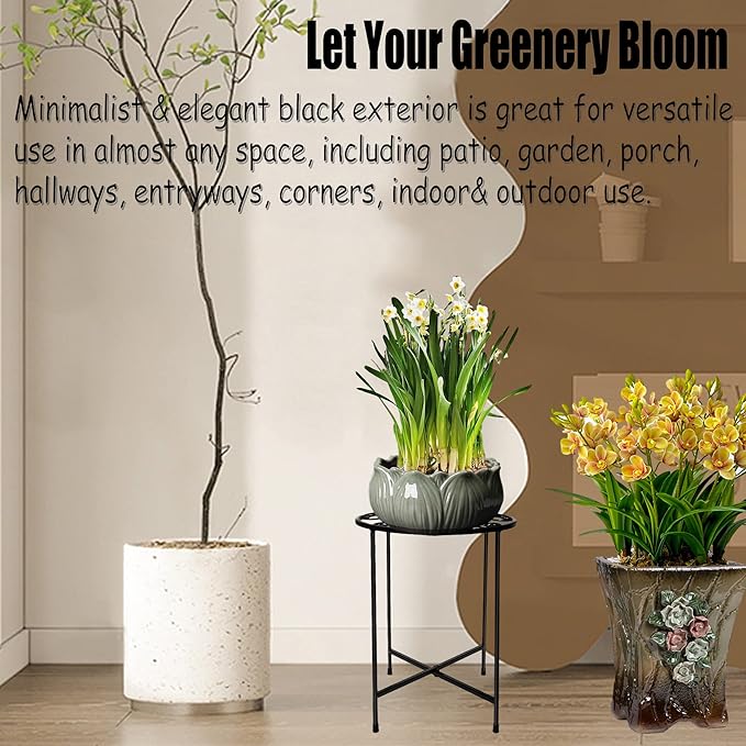 Plant Stand, 15'' Tall Indoor Outdoor Set of 1, Retro Design Round, Rust-Proof Coated Metal Pot Stand for Flowers, Patio Garden Home Decor - Black