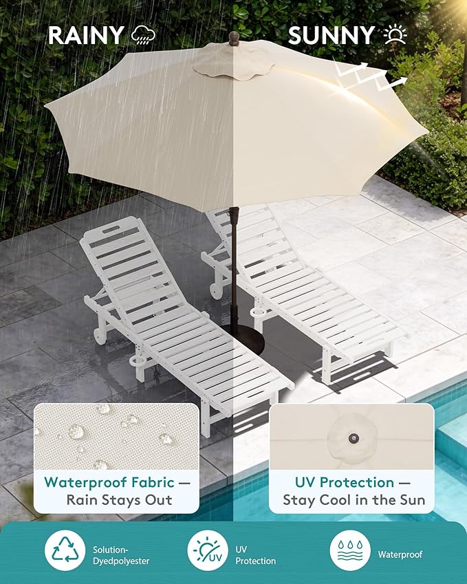 SERWALL Outdoor Chaise Lounge Set of 2 with 9FT Patio Umbrella, HDPE Pool Lounge Chair with 5-Position Adjustable Backrest, Patio Lounger with Rolling Wheels & Cup Holder for Pool, White
