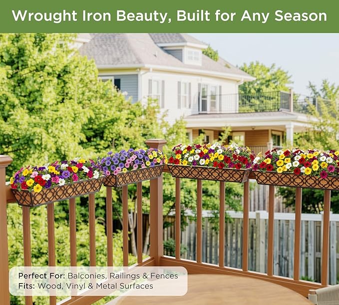 HFHOME 2 Pcs 30" Window Box Deck Railing Planter with Horse Trough Coco Liners, Black Metal Hanging Flower Planters Baskets for Indoor, Outdoor, Balcony, Porch, Fence, Patio, and Lawn