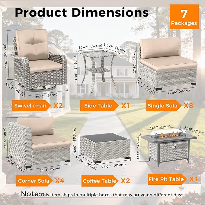 14-Seat Outdoor Wicker Patio Furniture Set with Fire Pit Table, Modular Rattan Sectional Sofa & 2 Swivel Rocking Chairs, 4" Thick Cushions, Rust-Resistant Frame,Beige