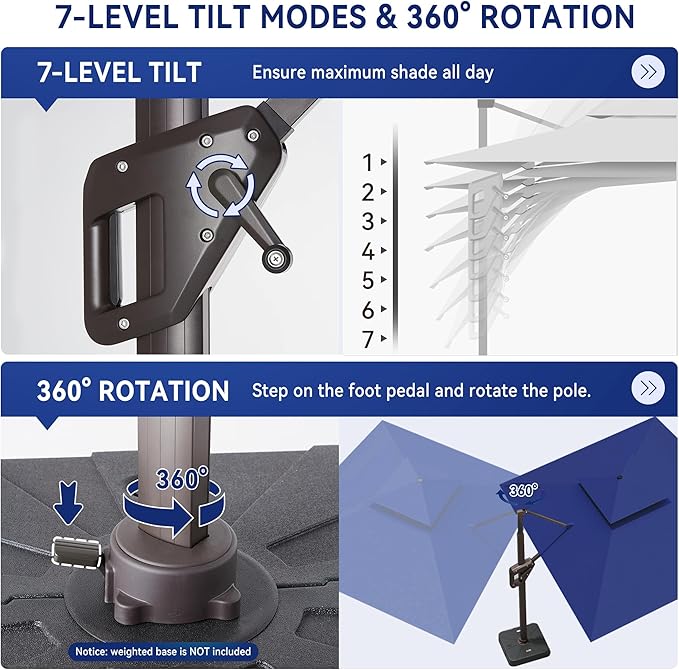 10 X 13 FT Cantilever Outdoor Patio Umbrella with Base Included Large Heavy Duty 360° Rotation Double Top Offset Rectangular Umbrellas with Led Lights for Backyard Outside Deck, NAVY
