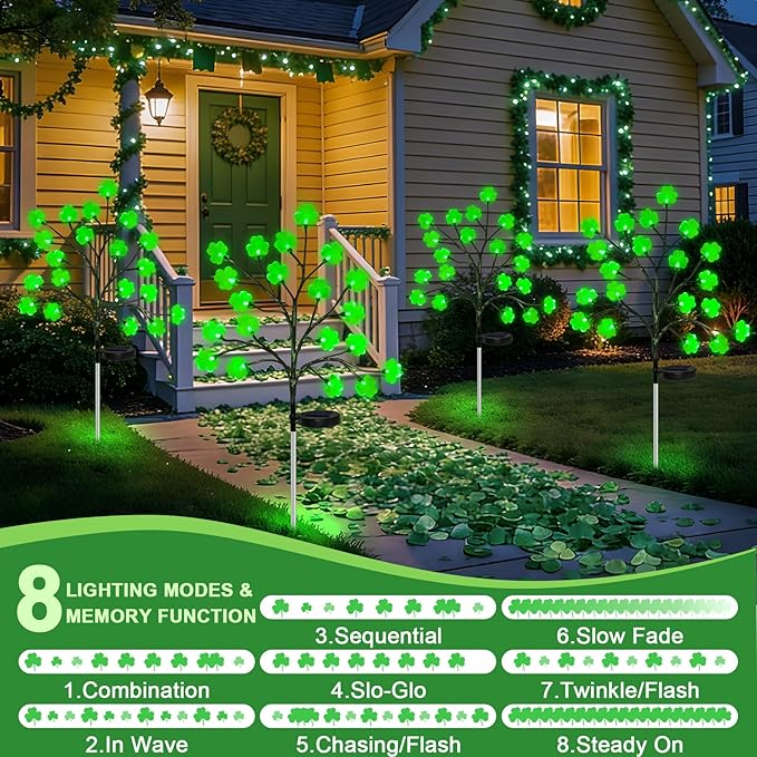 4 Pack St Patricks Day Solar Outdoor Lights, 80 LED St Patricks Day Decorations, Solar Shamrock Stakes Lights with 8 Modes, Waterproof Lucky Green Clover Pathway Light for Yard Garden Lawn Decor