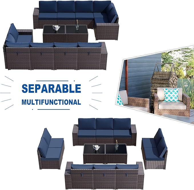 Kullavik 12 Pieces Outdoor Patio Furniture Set PE Wicker Rattan Sectional Sofa Patio Conversation Sets,Navy Blue