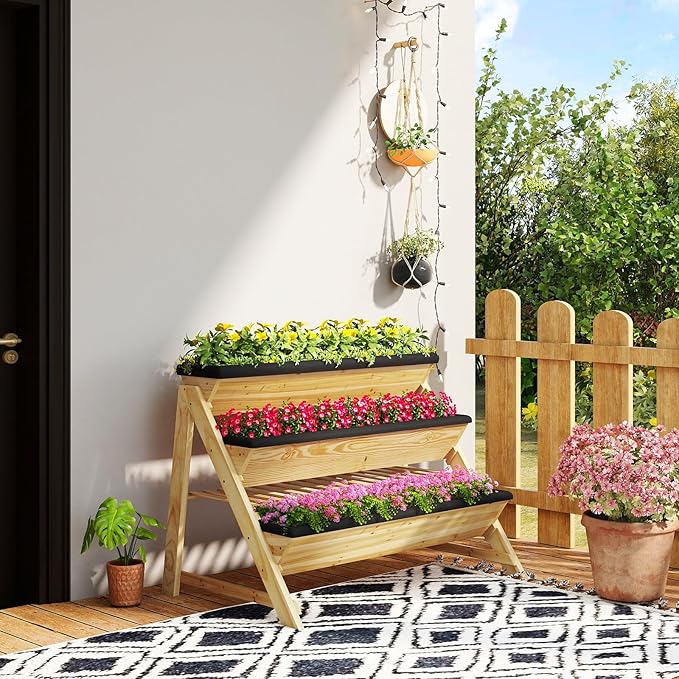HAPPYGRILL 3-Tier Wooden Raised Garden Bed, Elevated Planter Box Kit with Legs & Liners for Flower Herb Vegetable, Indoor Outdoor Vertical Raised Bed for Gardening Patio Balcony Greenhouse