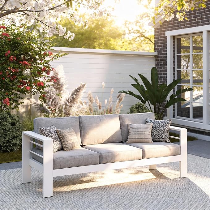 Kiss the Water Outdoor Couch Aluminum Patio Furniture Sofa, 3 Seat All-Weather Metal Patio Couch with 5" Thick and Soft Cushion and Wide Arm, Outdoor Sofa for Balcony, Porch