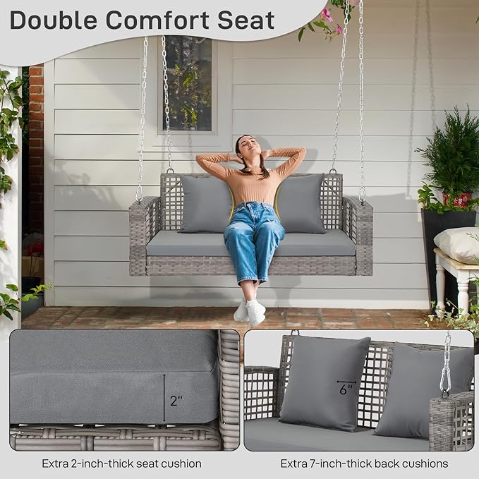Outvita Porch Swing, 4FT Hanging Outdoor Porch Swings for Adults, Wicker 2 Person Patio Swing, with Cushion, Pillow and Chain for Garden, Backyard, Weight Capacity - 800lbs