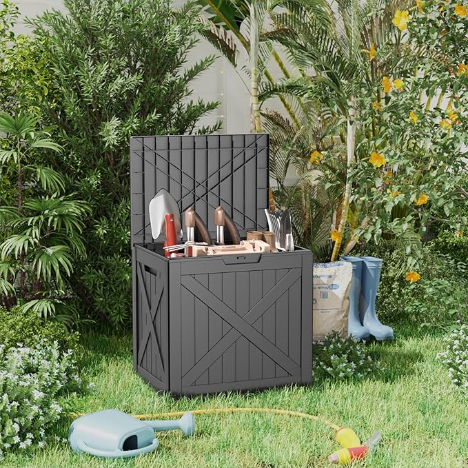 32 Gallon X Patten Outdoor Storage Box Weather Resistant UV Protection Waterproof Resin Deck Box for Garden, Patio, Porch, Delivery(Black-X)