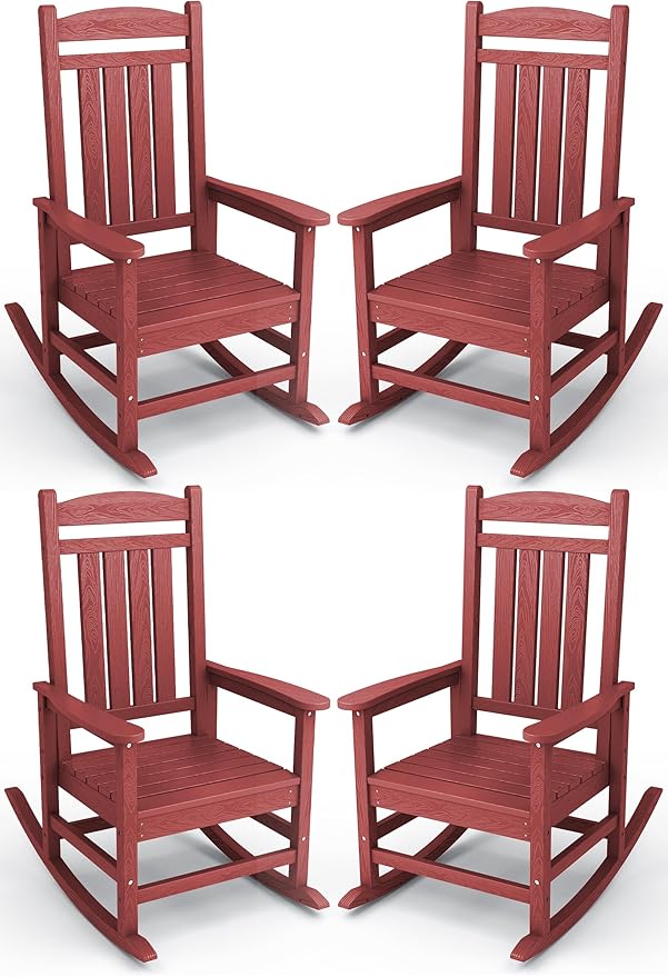 KINGYES HDPE Outdoor Rocking Chair Set of 4, All-Weather Poly Patio Rocking Chairs with 330lbs Support for Adults, Dark Red