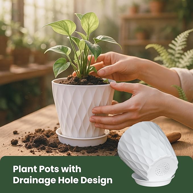 Flower Pots, 7/6.5/6/5.5/5/4.5/4 inch Plastic Plant Pots, 7 Pack Planter for Indoor Outdoor Plants, Nursery Planting Pot with Drainage Holes and Trays (White)