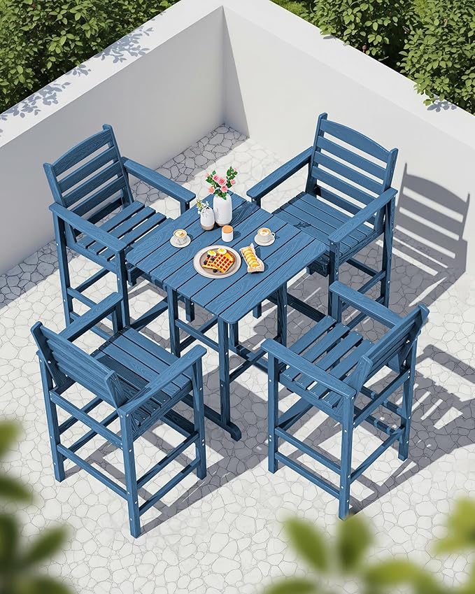 SERWALL 5-Piece Adirondack Bar Chair Set, HDPE Adirondack Barstools with Pub Table, Outdoor Patio Bar Furniture for Bistro, Balcony, Poolside, Garden - Blue