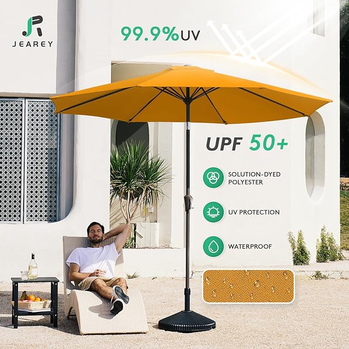 JEAREY 9FT Outdoor Patio Umbrella Outdoor Table Umbrellas with Push Button Tilt and Crank, Market Umbrella 8 Sturdy Ribs UV Protection Waterproof for Garden, Deck, Backyard, Pool (Sun Orange)