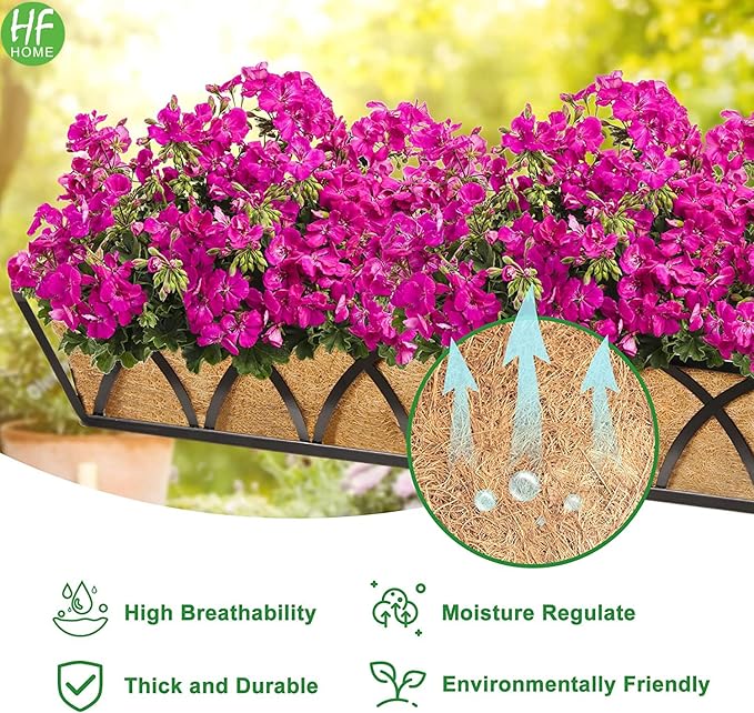 HFHOME 2 Pcs 30" Window Box Deck Railing Planter with Horse Trough Coco Liners, Black Metal Hanging Flower Planters Baskets for Indoor, Outdoor, Balcony, Porch, Fence, Patio, and Lawn