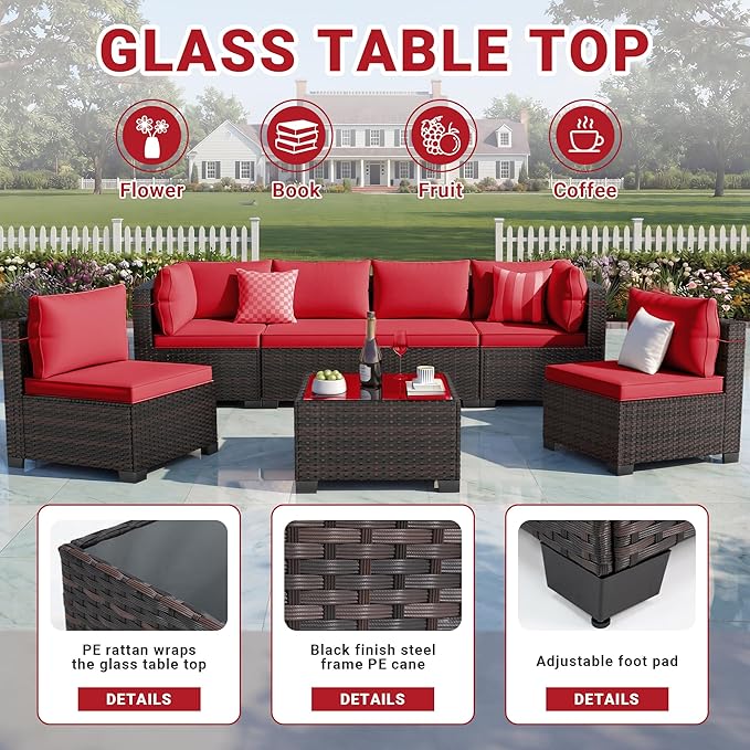 LEVELEVE 7 Pieces Outdoor Patio Furniture Sets,Rattan Conversation Sectional Set,Manual Weaving Wicker Patio Sofa with Tea Table