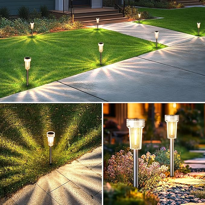 Mancra Solar Lights Outdoor Waterproof, 8 Pack Stainless Steel Tungsten Bulb Solar Pathway Lights Waterproof Garden Decor for Path Yard Lawn Walkway Driveway