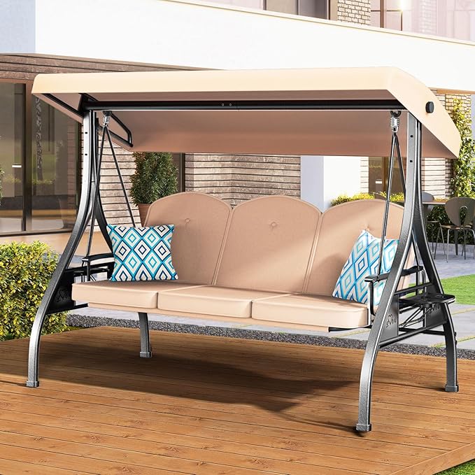 3 Seat Outdoor Porch Patio Swing with Stand 800lbs 2-in-1 Convertible Swing Bed with Adjustable Canopy & Removable Cushion for Yard Garden Deck (Khaki, Square Tube)