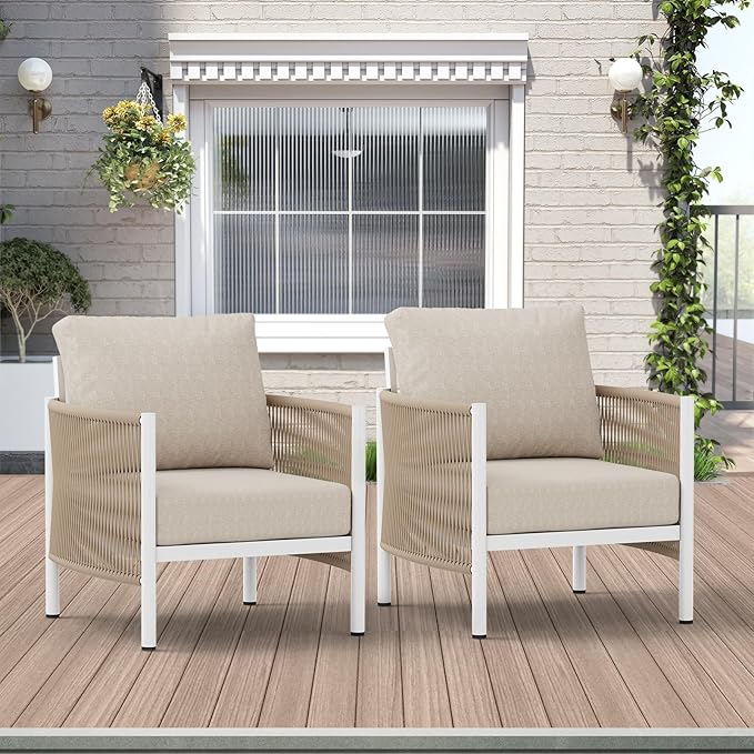 Aluminum Outdoor Sofa Armchair, HDPE Rope Patio Couch with Washable Thick Cushion, All-Weather Outdoor Patio Chairs Set of 2 for Balcony, Yard, Silver Frame, Beige