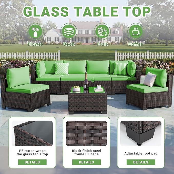 LEVELEVE 7 Pieces Outdoor Patio Furniture Sets,Rattan Conversation Sectional Set,Manual Weaving Wicker Patio Sofa with Tea Table