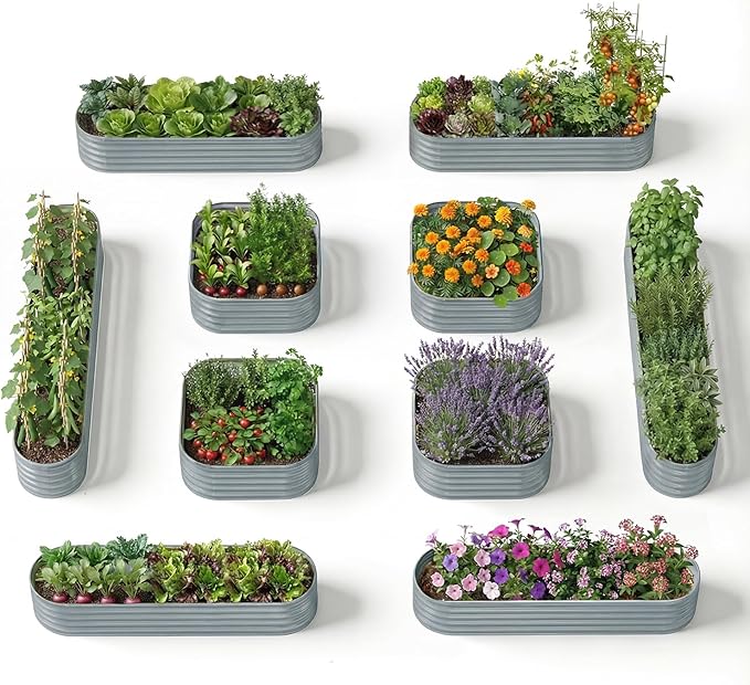 10-Pack 18” Tall Galvanized Raised Garden Beds – Compact Backyard Garden Layout, Fits 440 Sq Ft Backyard, 8x2 ft & 10x2 ft Metal Raised Flower Bed Kits for Outdoor Gardening-Brooklyn Grey