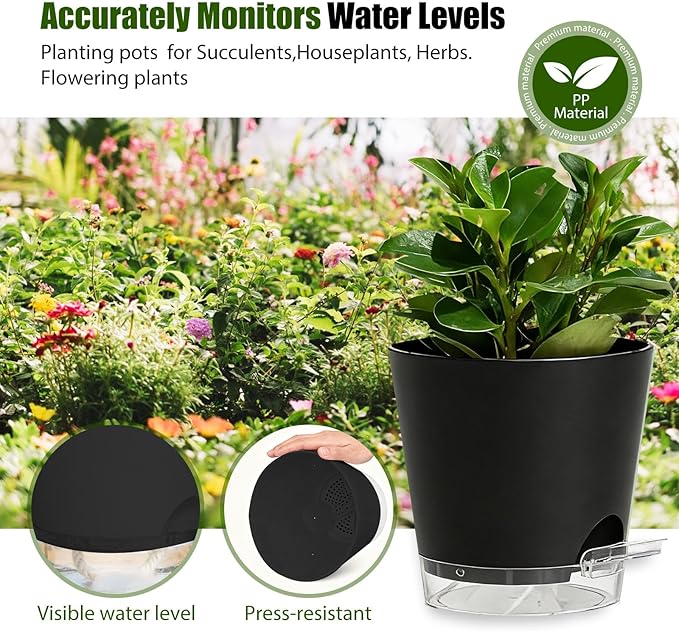 Plant Pots 6 Inch Self Watering Pots,6 Pack Plastic Planters with Drainage Holes and Clear Saucers,Plastic Flower Pots,Nursery Planting Pot for Indoor Out Door Plants (Black)