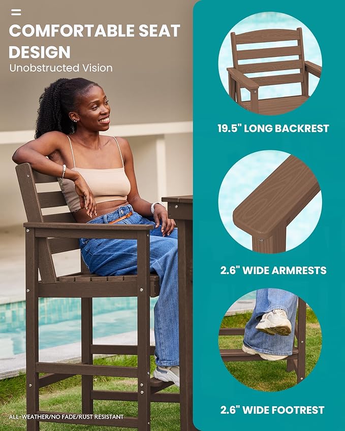 SERWALL Outdoor Bar Table and Chairs Set, Adirondack Bar Chairs Set of 2 and Bar Height Table, All Weather HDPE Patio Bar Set, Outdoor Furniture for Outside, Brown