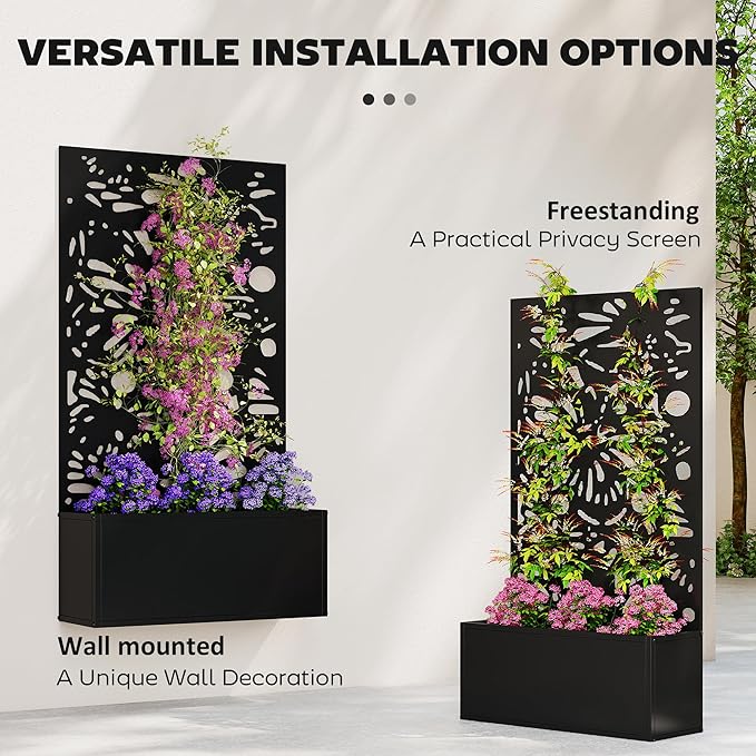Outsunny Metal Raised Garden Bed with Trellis for Climbing Plants, Freestanding or Wall Mounted Flower Bed with Privacy Panel, Butterfly Cut-Out Outdoor Planter Box for Garden, Patio, Balcony