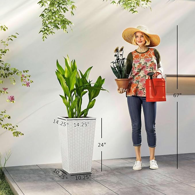 Outsunny Tall Planters for Outdoor Plants Set of 3, 24 in Taper Planters with Drainage Holes, Rattan Decor Plant Pots for Indoor Outdoor Front Porch Patio Backyard, White