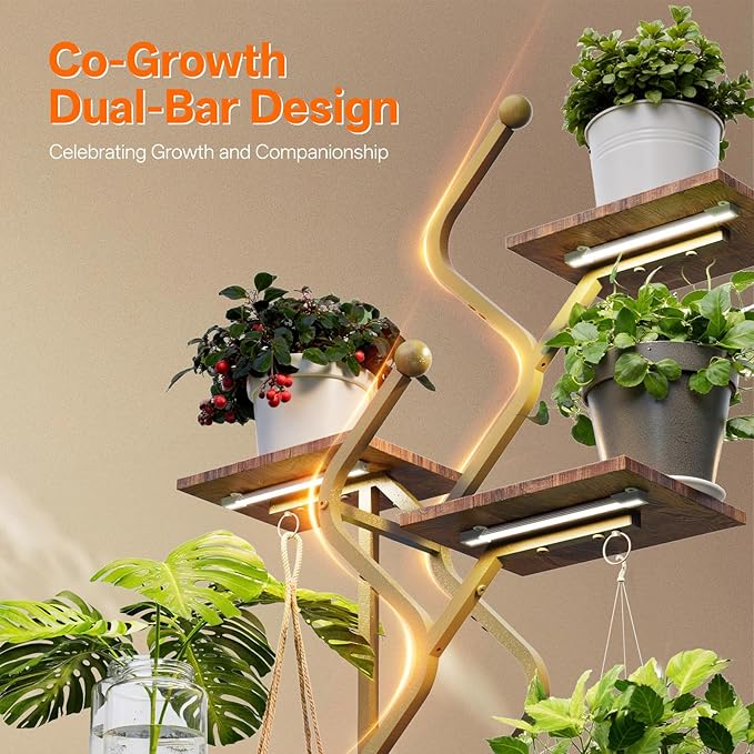 Bstrip 63 Inch Plant Stand with Grow Light, 7-Tier Indoor Plant Shelf with Hanging Hooks, Decor Corner Plant Stand for Living Room & Patio, Gold