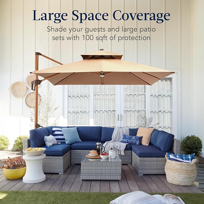 Best Choice Products 10ft Square Cantilever Patio Umbrella w/Base Included, Woodgrain Pattern Pole & Solar LED Lights, 360-Rotation, Offset Hanging Outdoor Shade - Tan