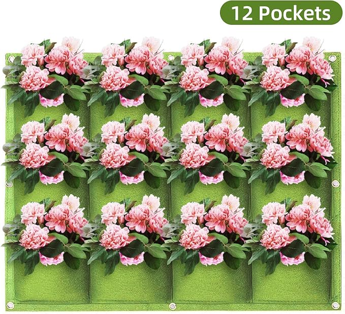 Hanging Planting Grow Bags, 12 Pockets Hanging Vertical Wall Planter Wall Mounted Grow Bag Outdoor Indoor Gardening Vertical Greening Flower Container, Planting Bags Storage Bags(0.6 m × 0.8 m, Green)