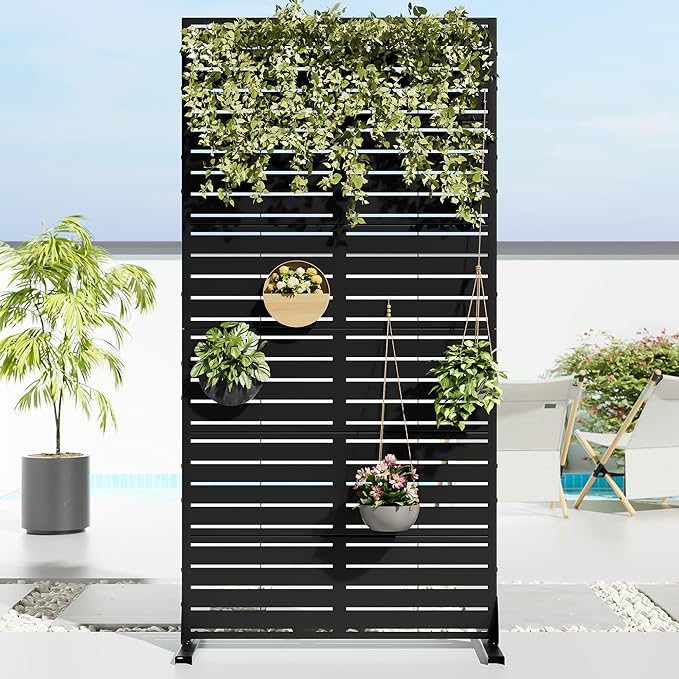 Casaphoria Metal Privacy Screen Outdoor, 72" H x 35" W Freestanding Decorative Privacy Screen for Patio Deck Balcony Garden with Stable Base, Black-Louvered