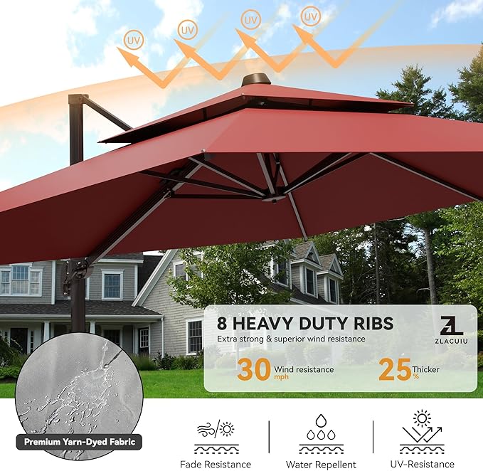 9x12FT Cantilever Patio Umbrella - Heavy Duty Double Layer Offset Design with 360° Rotation, Large Rectangle Sun Shade Umbrella for Garden, Deck, Pool, Backyard, Red