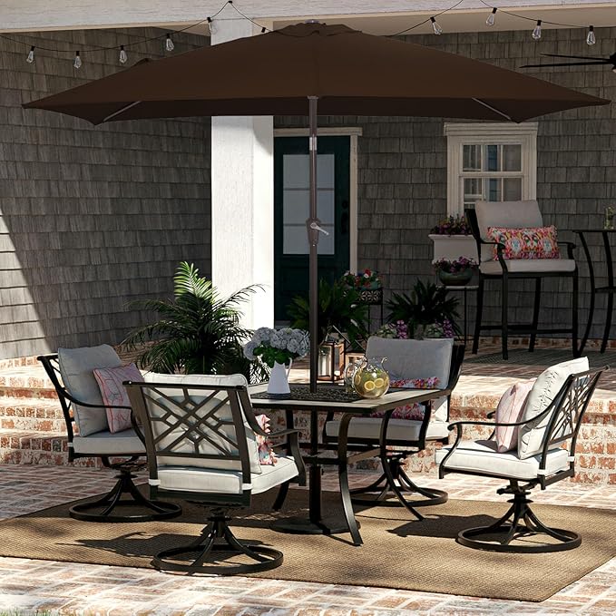 JEAREY 6.5x10 ft Rectangular Patio Umbrellas Rectangle Outdoor Umbrella with Push Button Tilt and Crank, Market Table Umbrella 6 Sturdy Ribs UV Protection for Poolside Garden Backyard Deck, Brown