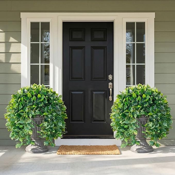 Faux Outdoor Plants Fake Hanging Plants for Outdoors Outside Decorations, 2 Pcs Green Faux Pothos Plant Vines Realistic UV Resistant Artificial Greenery for Planters Porch Garden Yard Front Door Patio