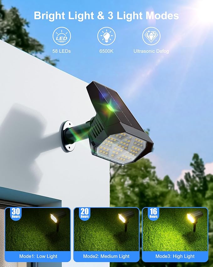 Brightown Solar Lights Outdoor with 58 LED & Auto ON/Off, IP67 Solar Spot Lights Outdoor with 3 Light Intensities. 2-in-1 Outdoor Solar Lights for Yard, Gardens, Flag and Pathways. 4Pcs (Warm White)