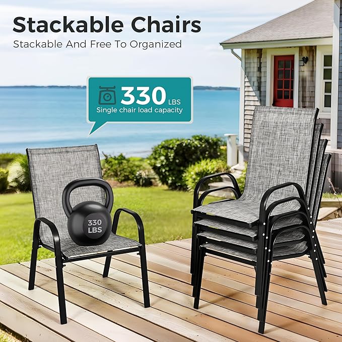 Pamapic Outdoor Dining Sets for 4, Square Steel Slat Table with 4 Textilene Chairs, 5 Piece Patio Table and Chairs Set with Adjustable Umbrella Hole for Patio,Garden, Backyard, and Poolside (Grey)
