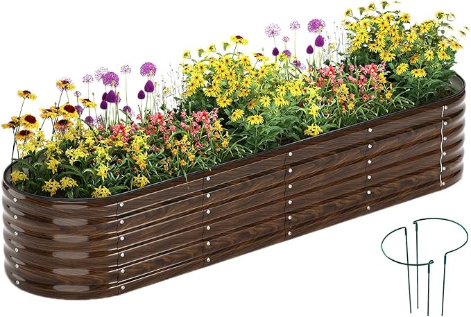 Galvanized Metal Planter Round Raised Garden Bed Kit for Gardening Outdoor Garden Box Raised Flower Bed 1PC Wooden Color 8X2X1FT
