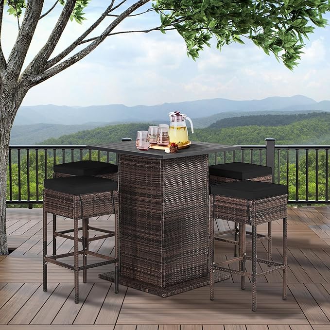 Tangkula 5 Piece Outdoor Rattan Bar Set, Patio Bar Furniture with 4 Cushions Stools and Smooth Top Table with Hidden Storage Shelf, Outdoor Conversation Set for Poolside, Backyard, Lawn