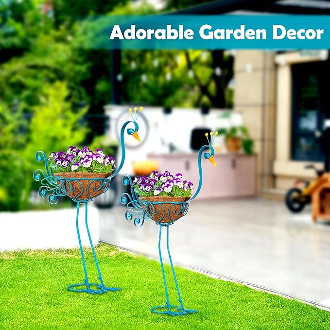 Set of 2 Blue Peacock Outdoor Planters with Basket, Metal Peacock Planter for Indoor Outdoor Garden Yard Decor
