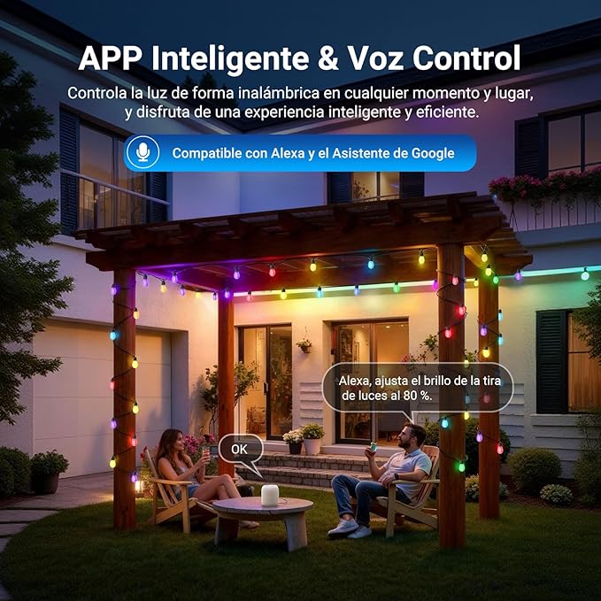 NEEWER 48ft Outdoor String Lights, App Control Smart AI RGBW Hanging Outside Patio Balcony Backyard Holiday Lighting, IP65 Waterproof, 15 LED Bulbs, 50+ Scenes, Compatible with Alexa Google, NR01