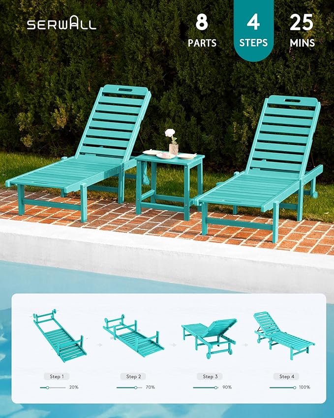 SERWALL Outdoor Chaise Lounge Set of 6, HDPE Pool Lounge Chair with 5-Position Adjustable Backrest, Patio Lounger with Rolling Wheels & Cup Holder for Pool, Aruba