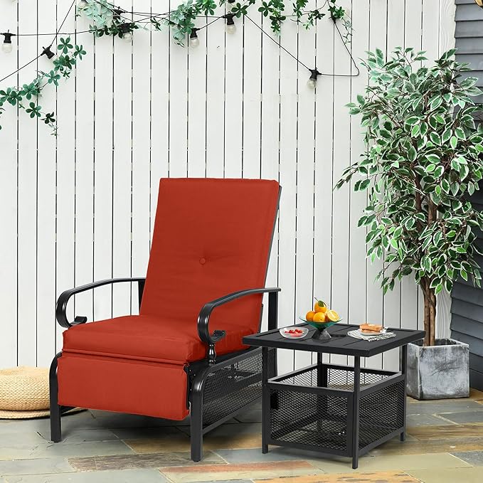 Oakcloud Adjustable Outdoor Lounge Chair Metal Patio Relaxing Recliner Chair Set with Bistro Table and Removable Cushions(Red)