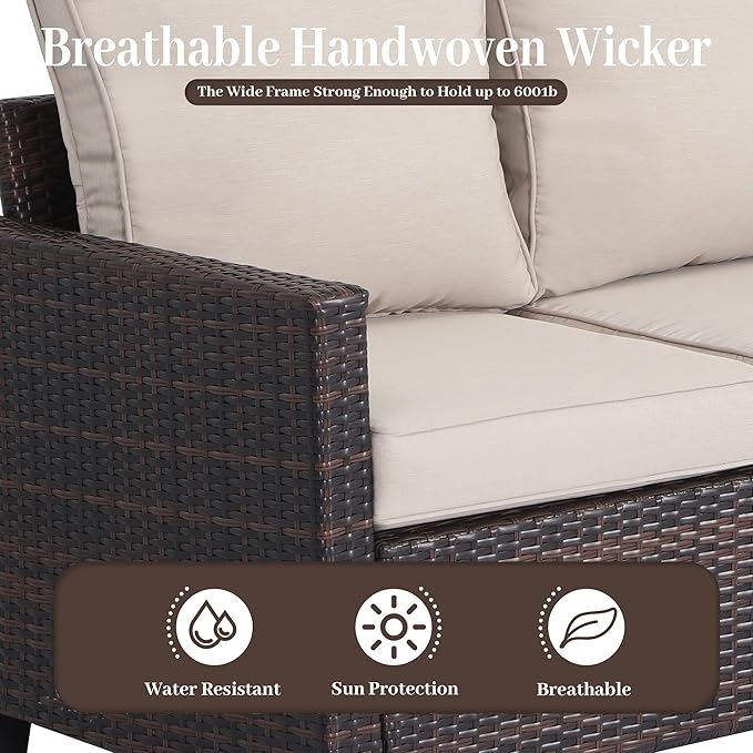 Rattan Outdoor Sofa 3-Seater - PE Woven Patio Couch with Waterproof Blue Cushions, Heavy-Duty Steel Frame for Garden, Poolside Outdoor Wicker Furniture-Beige