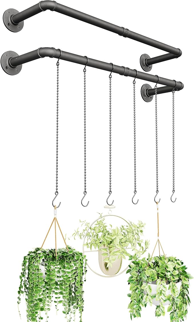 Plant Haning Rod, 2 Pack Hanging Planters for Indoor Plants with 3 Chains, Wall Plant Hanging Bar for Window Celling, 38.2 Inch, Metal Black, Pots Not Included