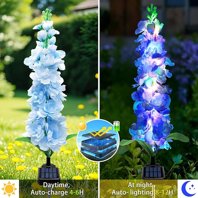 Solar Garden Lights, Solar Blue Delphinium Flowers Lights 4 Pack 80 LEDs, Waterproof Outdoor Light Two Lighting Modes for Outside Wedding Party Garden Yard Patio Lawn Decor