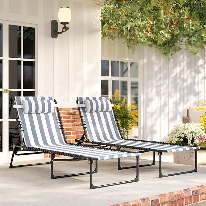 Outsunny Folding Chaise Lounge Chair Set of 2, Patio Sun Tanning Chair, Outdoor Chaise Lounger with 4-Position Reclining Back, Breathable Mesh Seat for Beach, Poolside, Yard, Blue and White
