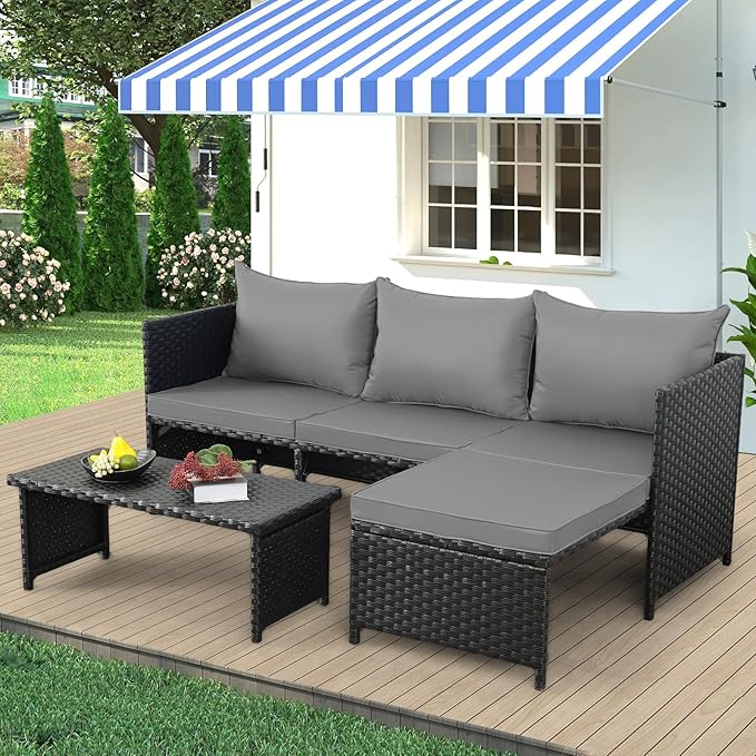 Valita 3-Piece Outdoor PE Rattan Furniture Set Patio Black Wicker Conversation Loveseat Sofa Sectional Couch Gray Cushion