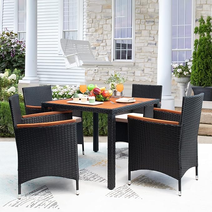 Devoko 5 PCS Furniture, Patio Conversation Set with Acacia Wood Top, Rattan Outdoor Dining Table and Chairs for Backyard, Garden, Deck, Black