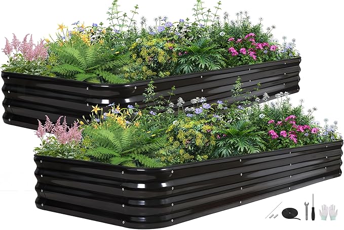5 in 1 Galvanized Raised Garden Bed - 8x3x1ft (2Packs) Modular Planter Box Outdoor | Metal Raised Bed Kit with Bracing Rods for Gardening Vegetables Flowers Fruits Herbs (Dark Grey)